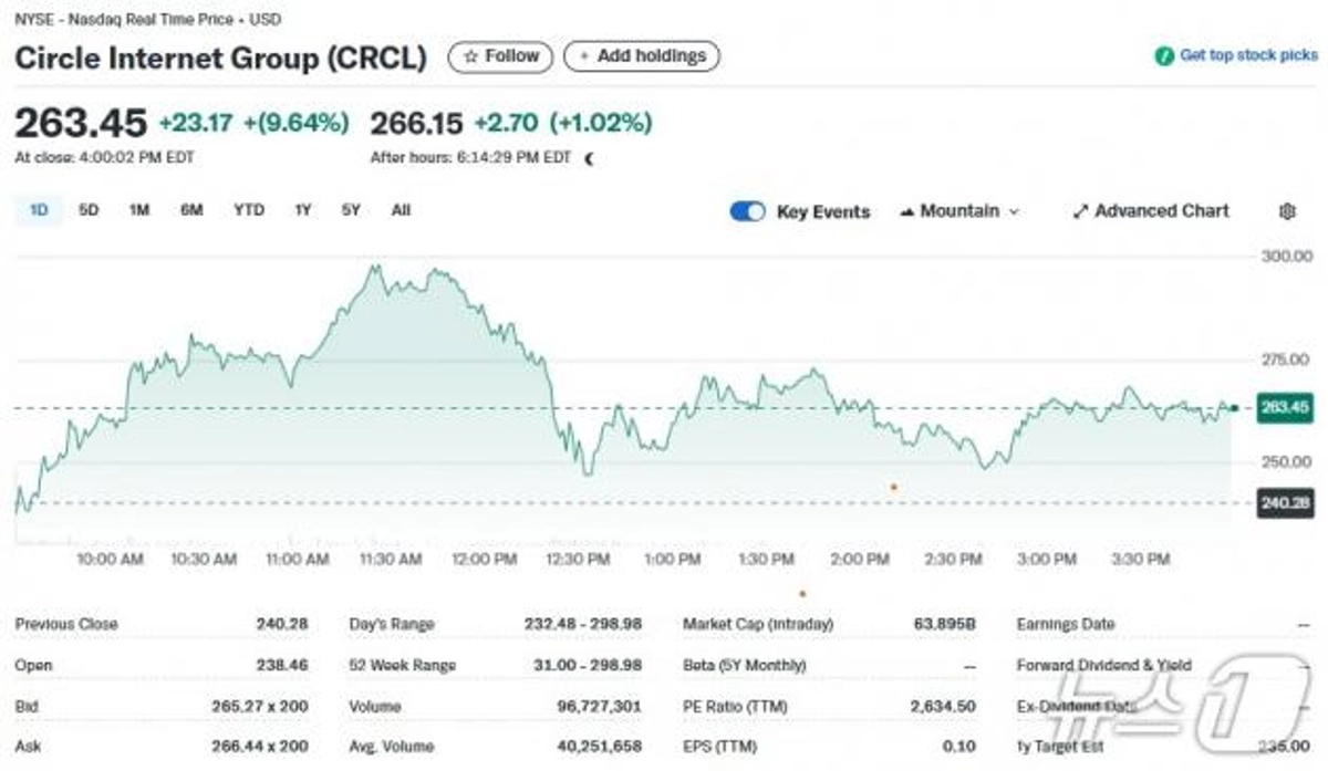 스테이블코인 서클 또 10% 폭등, 상장 열흘 무려 748%↑