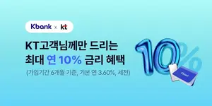 “KT 휴대폰 개통하고, 케이뱅크 첫 고객이면 적금 금리 10%”