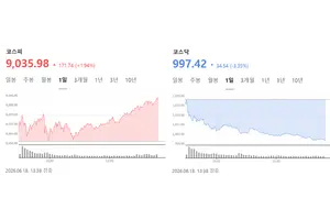 코스피, 9000 돌파..코스닥, 1000 붕괴