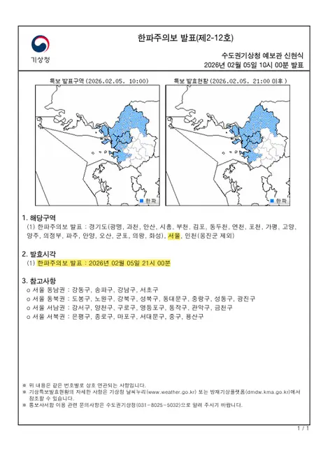 기상청 서울 전역 5일 밤 9시 한파주의보 발효. 서울시 제공