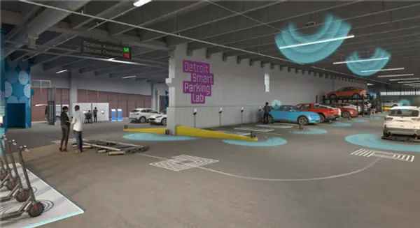 디트로이트 빌딩 주차장에 구축되고 있는 ‘디트로이트 스마트 주차 랩’. 사진=베드록