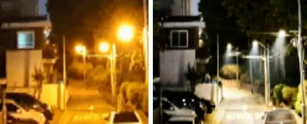 ◇스마트보안등 설치 전(사진 왼쪽)과 설치 후 밤거리 모습(사진: 서울시)