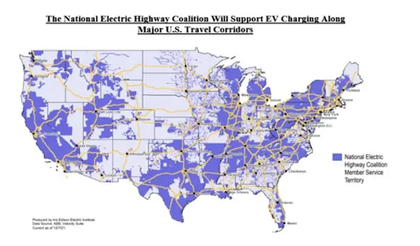 전국전기고속도로연합 회원들이 서비스하는 지역들(푸른 색 영역). 이미지=에디슨전기연구소