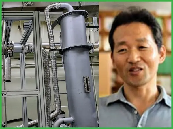 ◇실험실에 설치된 보일러에서 발생하는 배기가스를 1차 냉각, 2차 흡수제 방식으로 제거하는 설비(사진 왼쪽)를 개발한 김영민 책임연구원(사진: 기계연)