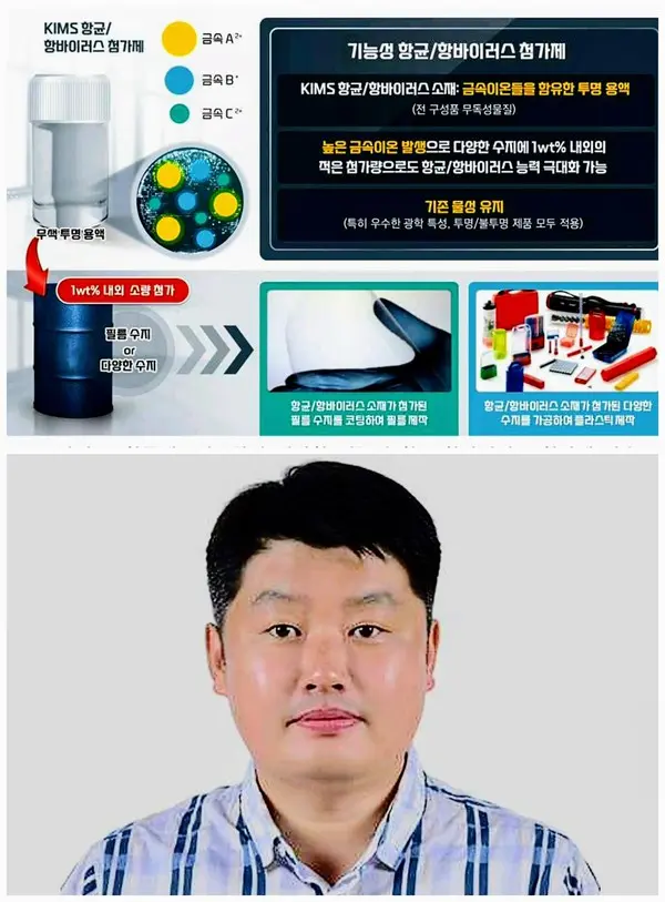 ◇김창수 박사(사진 아래) 연구팀이 개발한 항균/항바이러스 첨기제(자료•사진: 한국재료연구원)
