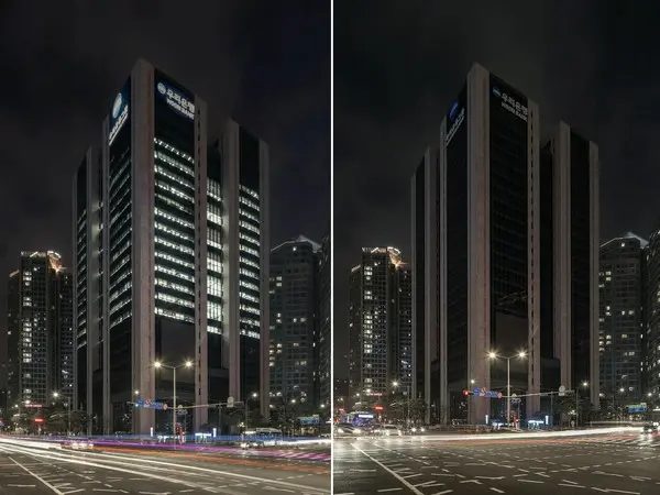  * 우리금융이 지구 살리기를 위한 1시간 소등 행사에 동참했다. 소등 전(왼쪽)과 후(오른쪽) 사진. 