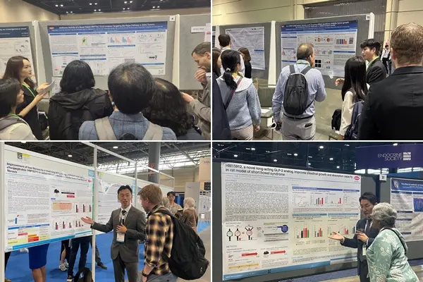 한미약품 R&D센터 연구원들이 올해 상반기에 열린 미국암연구학회(AACR∙위 두 사진), 유럽간학회(EASL∙왼쪽 아래), 세계내분비학회(ENDO∙오른쪽 아래) 등 주요 해외 학회에서 포스터 발표를 하고 있다.