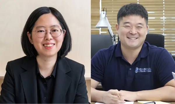 포니정재단 올해의 영리더상 수상자로 선정된 서울대 백민경 교수(왼쪽)과 카이스트 윤효상 교수(사진제공. HDC현대산업개발)