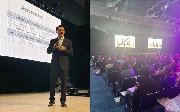 정용지 케어젠 대표가 지난 4일(현지 시간) 멕시코 현지에서 열린 프로지스테롤 런칭 세미나에서 제품을 소개하고 있다. 케어젠은 이달 내 멕시코 초도물량 선적이 가능할 것으로 예상하고 있다.