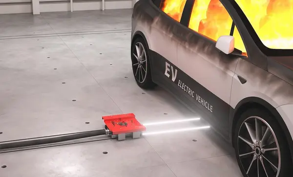 DL이앤씨와 중소기업 탱크테크가 세계 최초로 개발한 ‘건물용 전기차 화재진압 시스템’ 작동 모습.(사진제공. DL이앤씨)