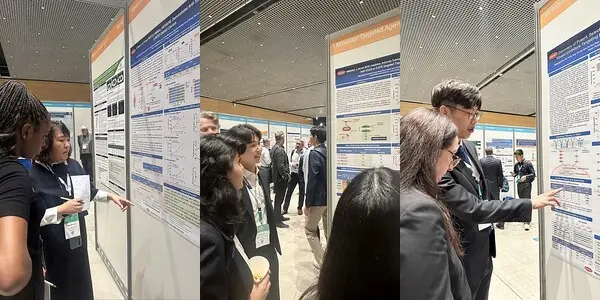 한미약품 R&D센터 곽은주 연구원(왼쪽부터), 박원기 연구원, 유형석 연구원이 국제 암 학술대회 ‘EORTC-NCI-AACR 2024’에서 차세대 항암 신약의 연구 결과 3건이 담긴 포스터 내용을 설명하고 있다.