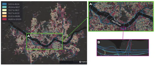 카카오내비는 도로 진출입을 위한 대기열로 인해 사용자의 경로이탈이 잦아지는 도로 구간(동작대교 남단 - 올림픽대로 등)도 오른쪽 하단의 이미지(B)와 같이 운전자의 행동 데이터를 경로 탐색에 반영하는 이미지. (제공 카카오맵)
