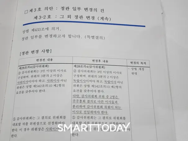 삼성물산 주총장에 배포된 안건 자료집. 상법개정안에 따른 정관규정 변경 안이 설명돼 있다. 출처=김종현 기자