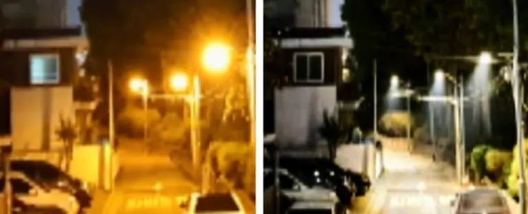 ◇스마트보안등 설치 전(사진 왼쪽)과 설치 후 밤거리 모습(사진: 서울시)