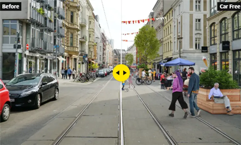 현재의 베를린 도로와 차 없는 거리 시행 후의 도로 전경. 사진=가디언