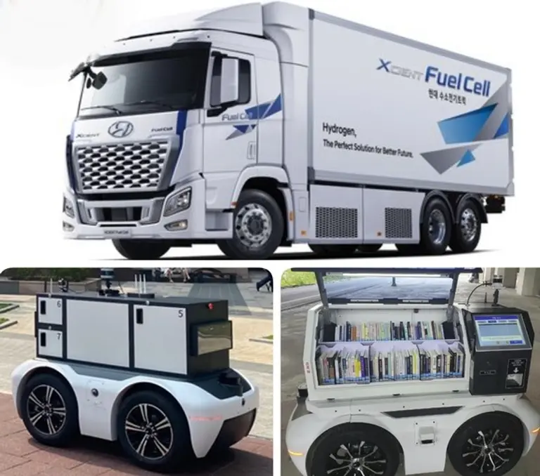 ◇실증특례 승인을 받은 수소트럭과 도서관로봇(사진: 현대차, 성남시)