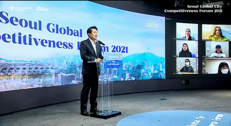 ◇오세훈 서울시장이 발표하고 있다.(서울시 글로벌포럼 유투브 영상 캡처(