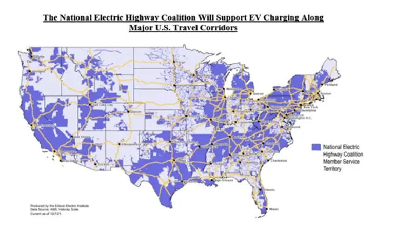 전국전기고속도로연합 회원들이 서비스하는 지역들(푸른 색 영역). 이미지=에디슨전기연구소