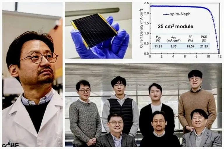 ◇양창덕교수(왼쪽)와 태양전지 모듈 그리고 연구팀(사진: UNIST)