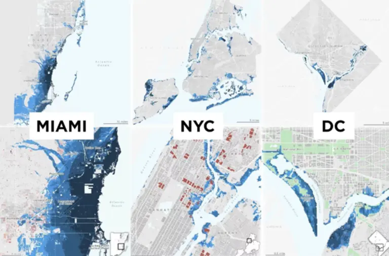 국립허리케인센터가 모델링한 3개 시의 허리케인 홍수 지도. 사진=NPR