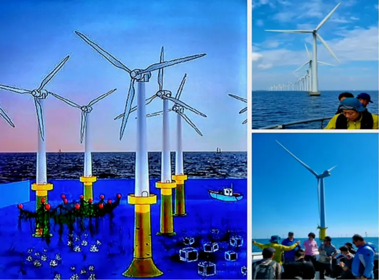 ◇수산업과 해상풍력 공존모델 모식도(노르웨이 신텝 오션·좌측)·덴마크 미델그룬덴 해상풍력단지(우상)·영국 램피온 해상풍력단지(우하) 모습(사진: 전남도)