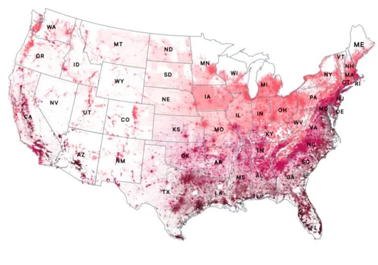 미국의 기온 예측 지도. 2053년에는 영토의 25%가 섭씨 51도를 넘을 것이라는 예측이다. 사진=퍼스트스트리트재단 홈페이지