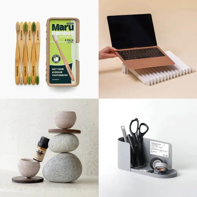  *왼쪽 위부터 시계 방향으로 닥터노아 대나무칫솔, 그레이프랩 접이식 노트북 거치대, 라이즐 규조토볼&디퓨저, 언롤서피스 PCR펜홀더