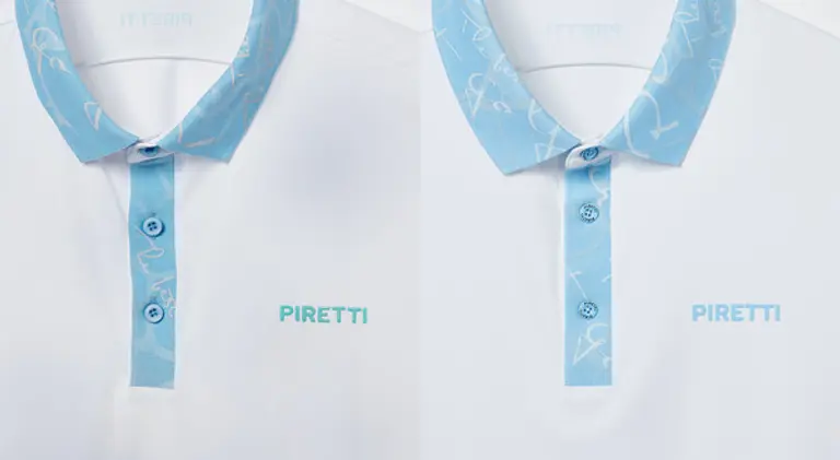 좌측부터 피레티 가품과 정품. 정품의 경우 가슴 로고에 무광 실리콘 전사 프린트가 적용됐으나 가품의 경우 유광 퀄리티가 사용됐으며, 정품은 로고가 블랙인 단추를 사용했으나, 가품은 화이트 컬러를 사용했다