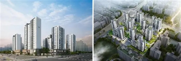 마곡 1-2단지 투시조(왼쪽)과 조감도 (출처. SH공사)