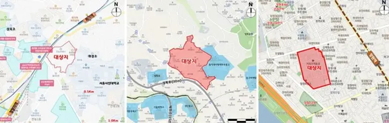 신속통합 민간재개발 후보지 3곳. 왼쪽부터 전농동, 성북동, 망원동 (출처. 서울시)