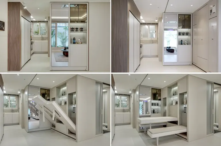 무빙 수납장과 전동 벽체식 다이닝 테이블의 배치로 공간 활용성을 극대화한 ‘H 트랜스포밍 월&퍼니처Ⅱ (사진제공. 현대건설)