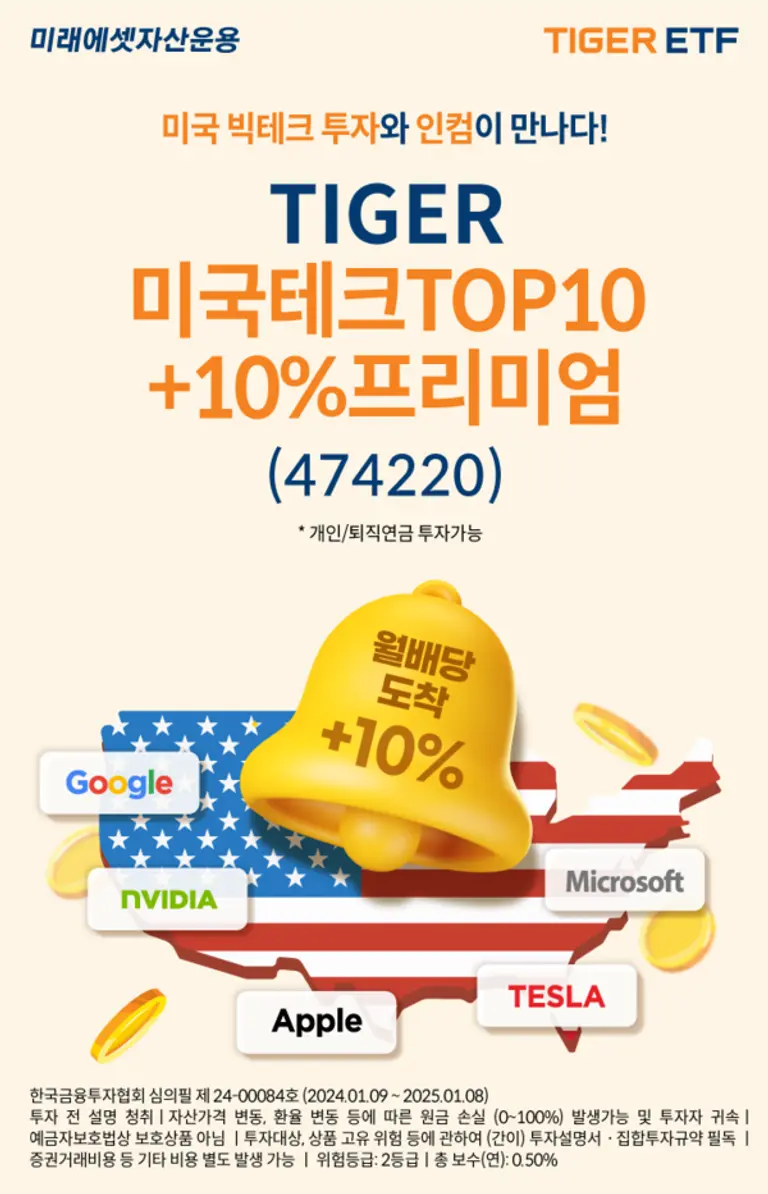 ‘TIGER 미국테크TOP10+10%프리미엄 ETF’ 신규 상장