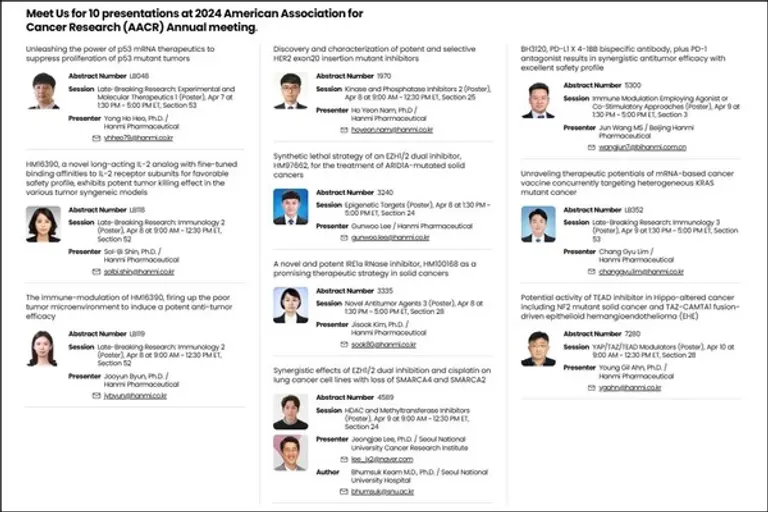 AACR 2024에서 발표될 한미약품 주요 연구 포스터 초록 소개(출처 : 한미약품 홈페이지).