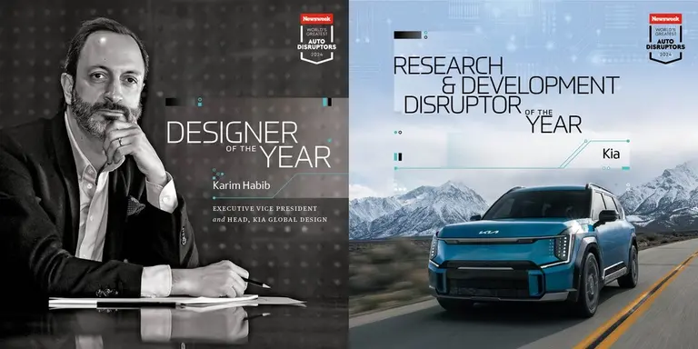 기아 글로벌디자인담당 카림 하비브(Karim Habib) 부사장(왼쪽)이 ‘올해의 디자이너(Designer Disruptor of the Year)’ 부문에서, 기아의 대표 대형 전동화 SUV EV9이 ‘올해의 연구개발(Research and Development Disruptor of the Year)’ 부문에서 각각 수상했다.