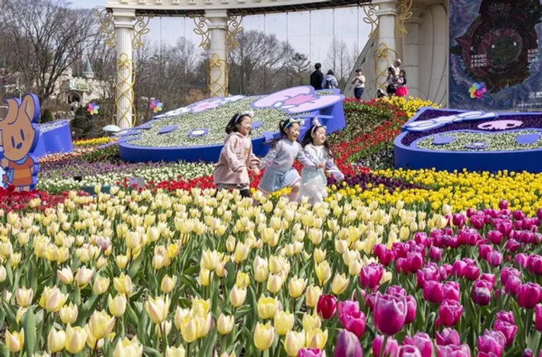 에버랜드 튤립축제를 찾은 고객들이 산리오캐릭터즈 테마 튤립정원을 즐기고 있다.