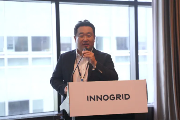 노그리드 김명진 대표가 17일 서울 여의도 콘래드 호텔에서 열린 기자간담회에서 발표하고 있다.