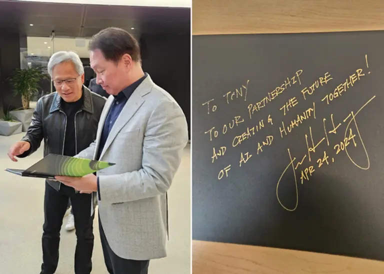 4월 미 새너제이 엔비디아 본사에서 최태원 회장과 젠슨 황 엔비디아 CEO가 환담을 나누고 있다. 