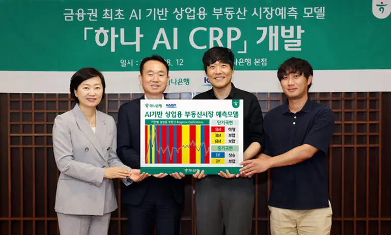 ‘하나AI CRP’ 모델을 개발한 KAIST 김우창 교수팀과 하나은행 부동산 투자자문팀. 사진 왼쪽부터 이은정 하나은행 WM본부 본부장, 김영훈 하나은행 자산관리그룹 부행장, 김우창 KAIST 교수다. [출처: 하나은행]