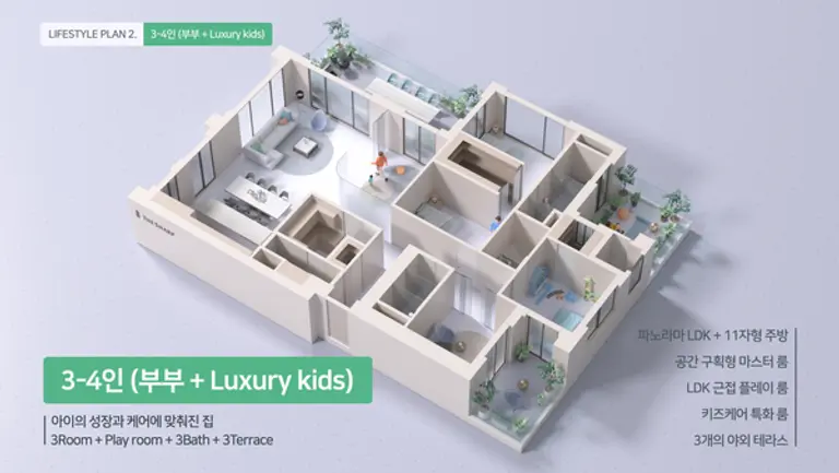 포스코이앤씨가 새로 개발한 라이프스타일 맞춤형 평면(3-4인 럭셔리키즈)