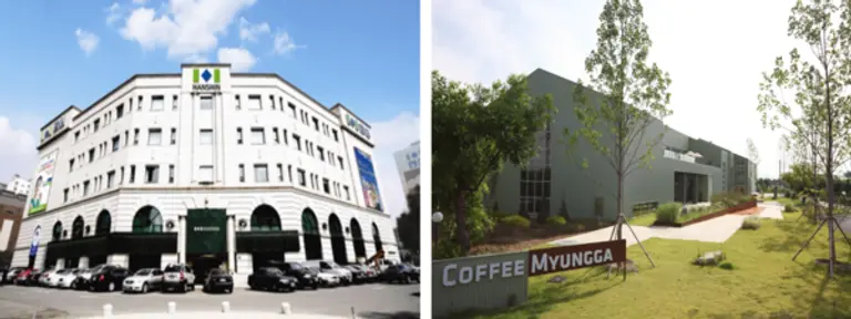 한신공영 서울 본사(왼쪽)와 경북 경산시 소재 커피명가 본사