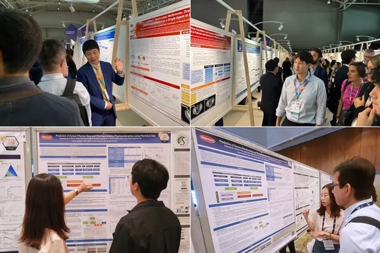 한미약품 ONCO임상팀 노영수 이사(왼쪽 위)와 이동준 연구원(오른쪽 위)은 유럽종양학회(ESMO Congress 2024)에서, R&D센터 임선영 그룹장(아래)은 세계약물연구학회(ISSX)에서 ‘차세대 EZH1/2 이중 저해제(HM97662)’의 연구 현황이 담긴 포스터 내용을 설명하고 있다.
