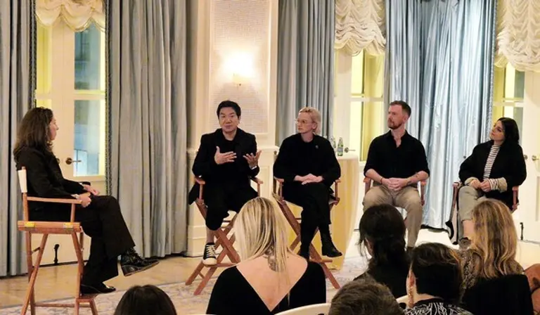 뉴욕 기후 주간 행사에서 패널 토론 중인 (왼쪽부터) RISD 전략 파트너십 담당 부학장 세라 커닝햄(Sarah Cunningham), 현대제네시스글로벌디자인담당 이상엽 부사장, 디자이너 샬롯 맥커디(Charlotte McCurdy), 까르티에 이노베이션 전 디렉터 앤드류 하르사거(Andrew Haarsager), 