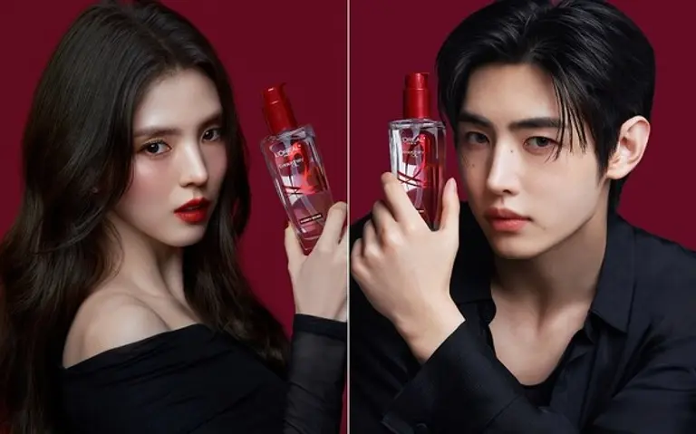 ▲(왼)한소희, (오)엔하이픈 성훈. 로레알파리 신제품 ‘엑스트라오디네리 오일 체리 우드’