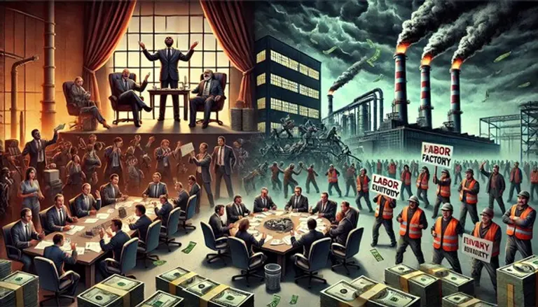* 이미지 =DALL · E 반짝이는 이사회실과 혼란스러운 공장 바닥의 대조를 통해 부와 노동 간의 격차를 강조했습니다.