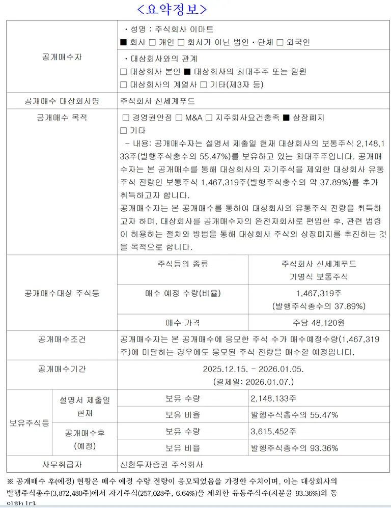 신세계푸드 공개매수