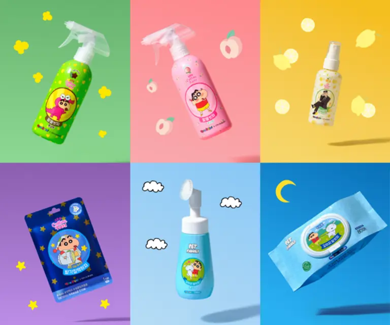 상단 왼쪽 제품부터 발을씻자 풋샴푸(민트초코향), 발을씻자 풋샴푸(피치향), 보송 데오 미스트, 강아지 발씻자 짱구 티슈형, 강아지 발씻자, 짱구, 발각질팩하자 풋필링마스크. (제공 LG생활건강)