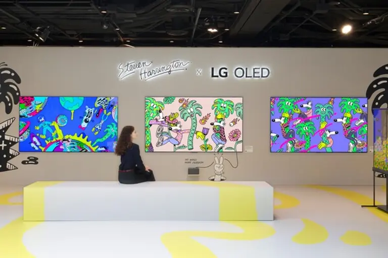 모델이 LG 올레드 에보(G5,M5)를 통해 감각적인 색감의 팝아트를 감상하고 있다. (제공 LG전자)