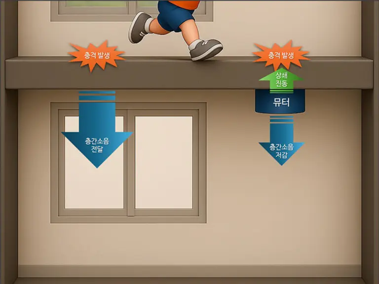 뮤터 적용 전 층간소음(왼쪽) 및 적용 후 층간소음(오른쪽) 원리 비교 (제공=롯데건설)