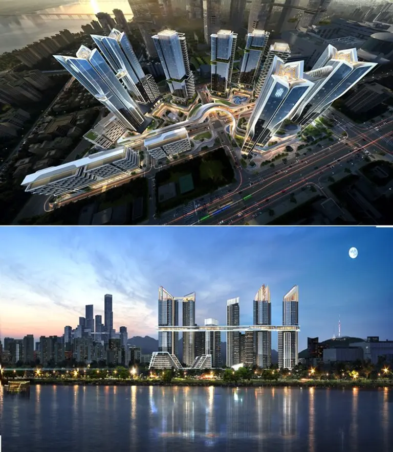 포스코이앤씨 오티레으 용산 조감도(위)와 HDC현대산업개발 더 라인 33O 조감도