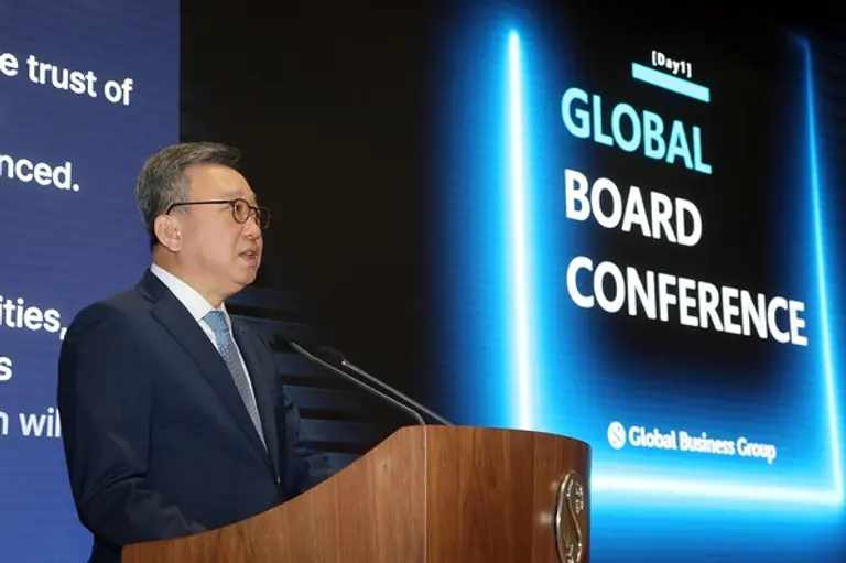 지난 10일 서울 중구 소재 신한은행 본점 20층 대강당에서 진행한 ‘글로벌 컨퍼런스 위크’에서 신한은행 정상혁 은행장이 환영사를 하는 모습